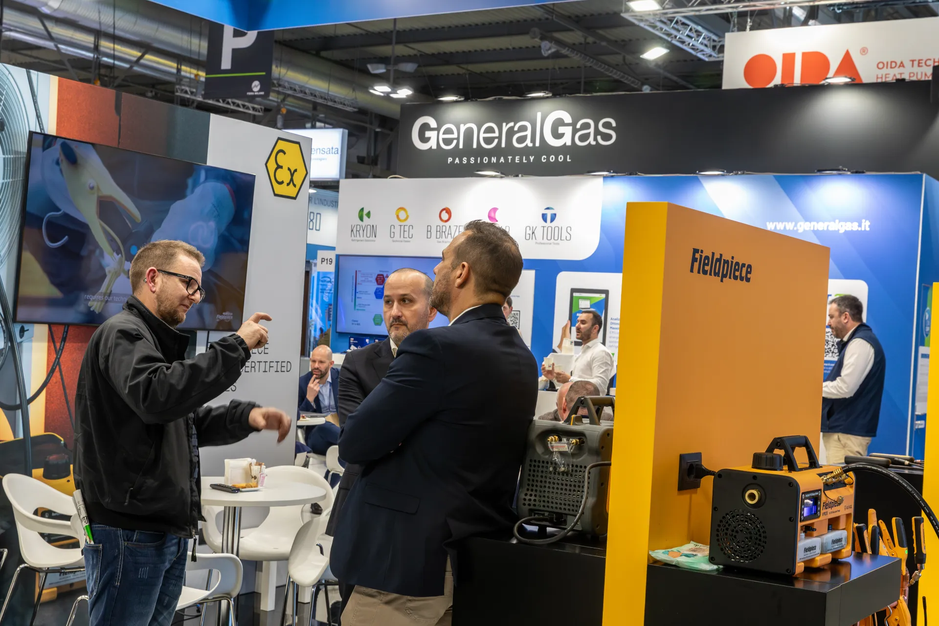 Fieldpiece service units in front of the General Gas brand wall at MCE 2026