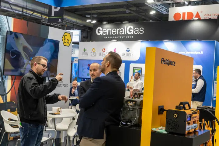 Fieldpiece service units in front of the General Gas brand wall at MCE 2026