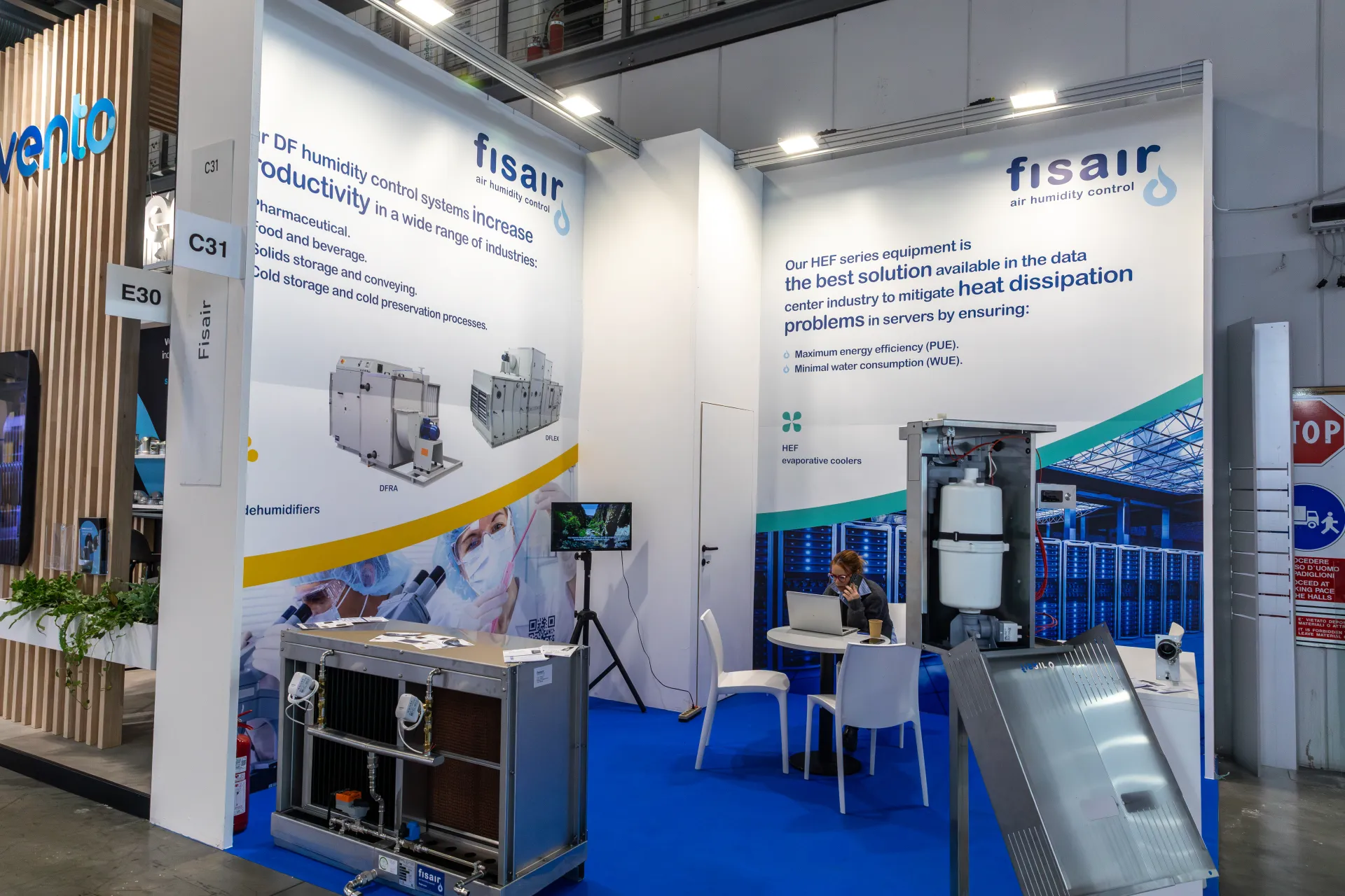 Fisair stand with evaporative cooling module and open cabinet at MCE 2026