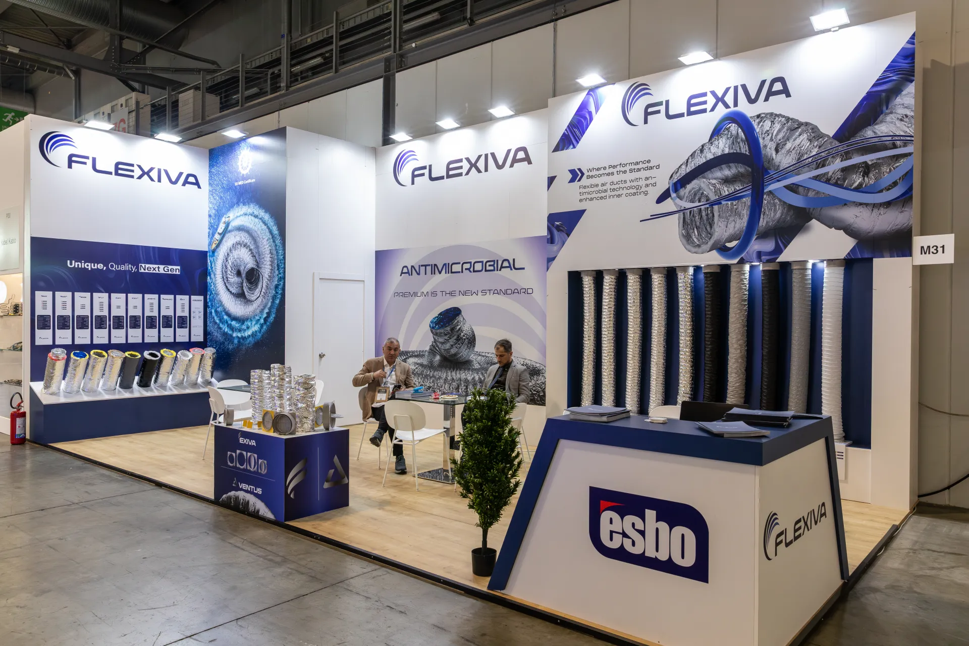 Flexiva stand with antimicrobial flexible air ducts and Esbo-branded counter at MCE 2026