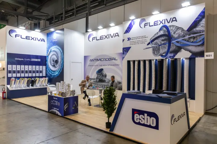 Flexiva stand with antimicrobial flexible air ducts and Esbo-branded counter at MCE 2026