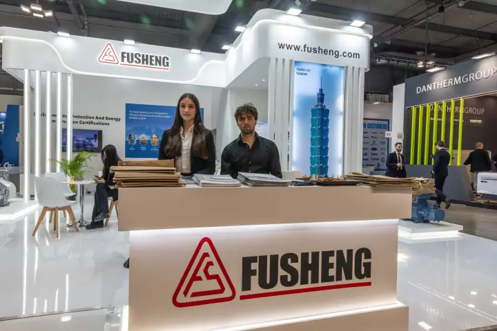 Fusheng stand with lit logo counter and Taipei 101 lightbox at MCE 2026