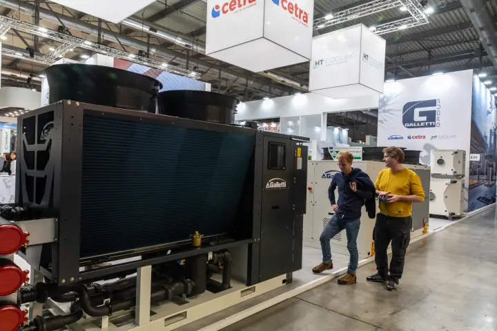 Galletti Group stand with black outdoor unit and white chillers at MCE 2026