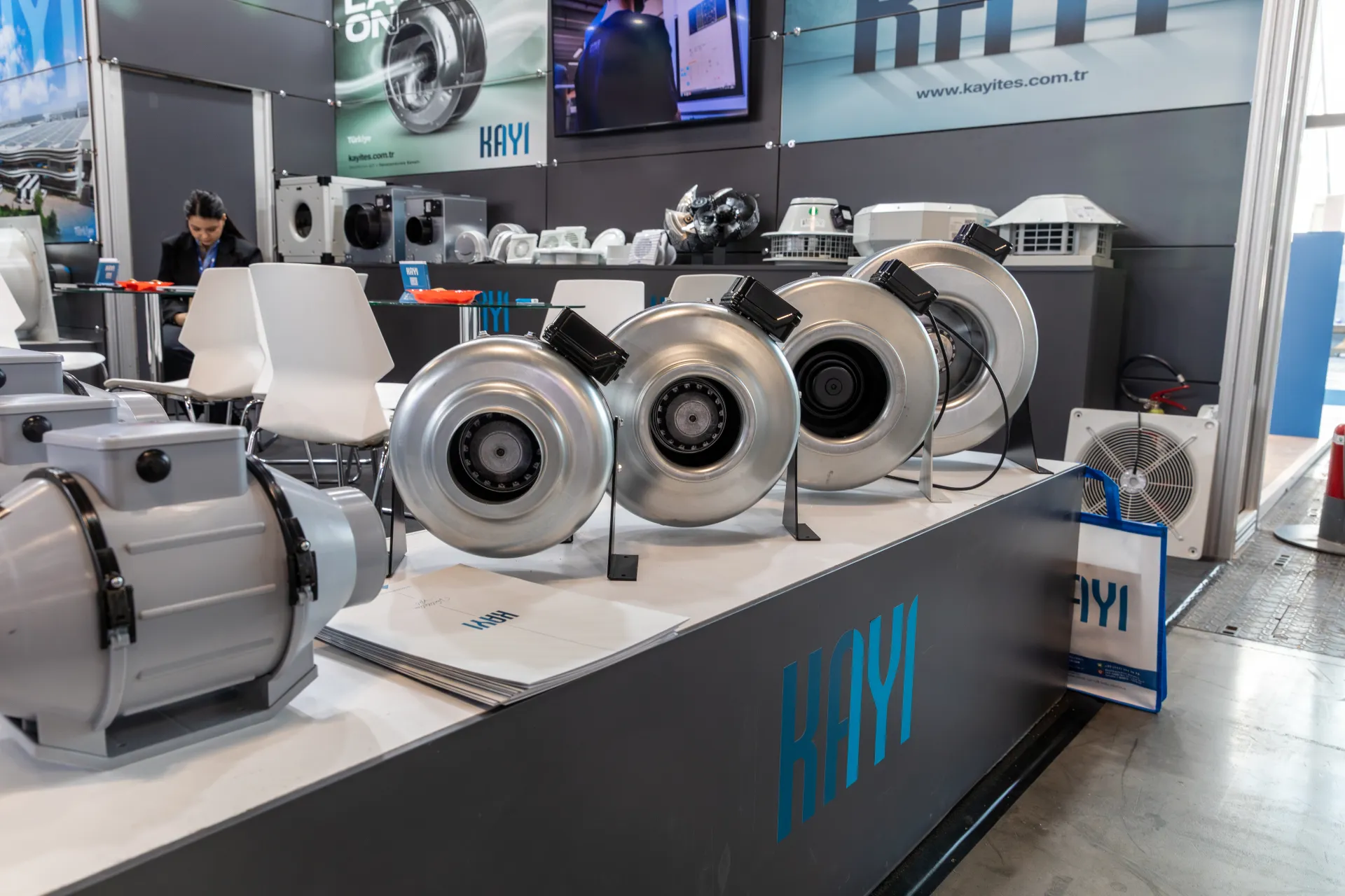 Galvanised circular duct fans on the Kayi display plinth at MCE 2026