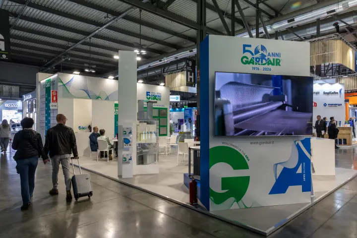 Gardair 50 years stand with air filters display in Hall 9 at MCE 2026