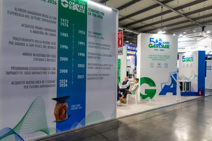 Gardair 50th anniversary stand with company history timeline at MCE 2026
