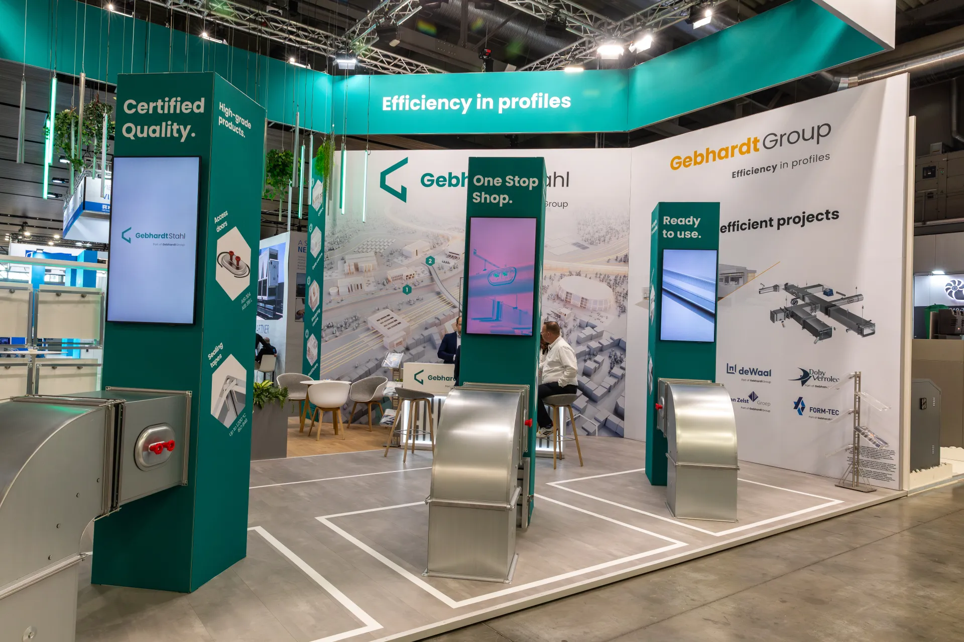 Gebhardt Stahl stand with teal slogan columns and galvanised duct bends at MCE 2026