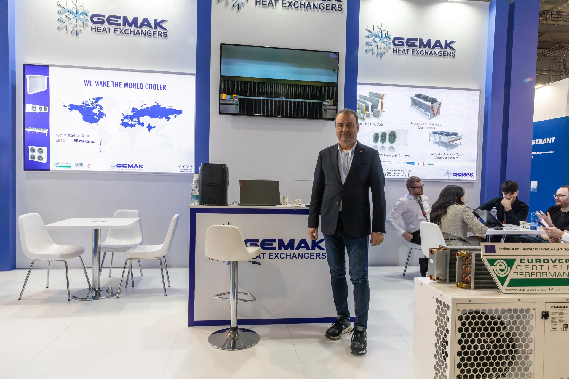 Gemak counter with world export map and condenser product panels at MCE 2026