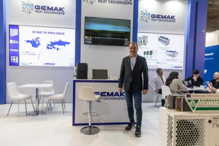 Gemak counter with world export map and condenser product panels at MCE 2026
