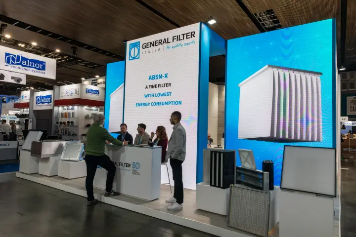 General Filter Italia stand promoting ABSN-X fine filter on LED walls
