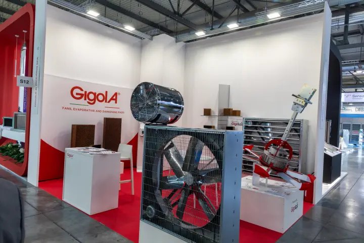 Gigola stand with box fans, stainless circulator and evaporative pads at MCE 2026