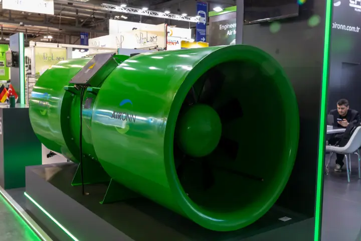 Green Aironn jet fan with visible axial impeller