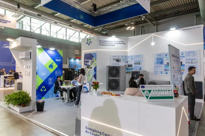 Guangdong Carrier stand with R290 heat pumps and a Eurovent sign at the counter at MCE 2026