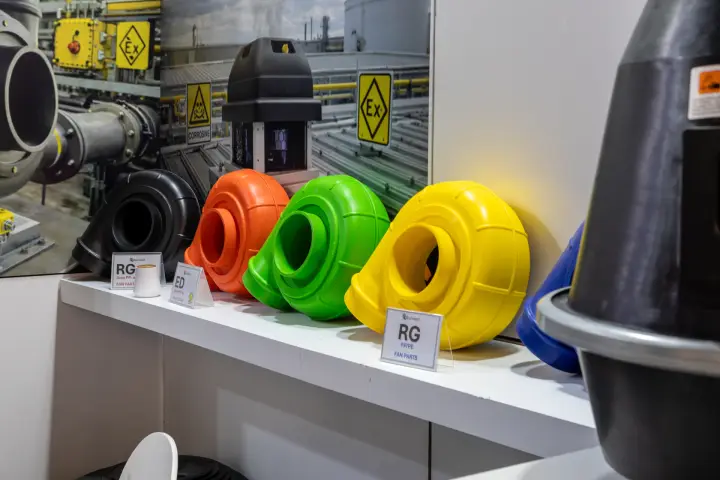 Gurvent plastic fan housings in black, orange, green and yellow