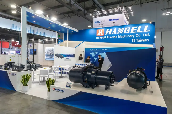 Hanbell large screw compressors and Global Network map wall at MCE 2026