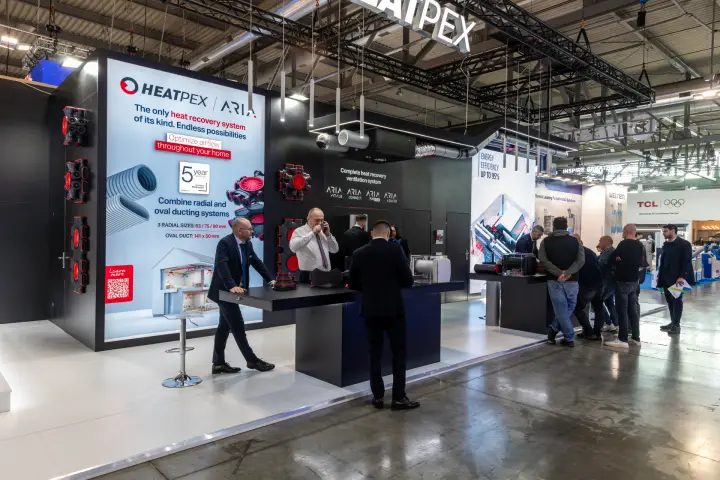 Heatpex ARIA wall promoting radial and oval ducting for home heat recovery at MCE 2026
