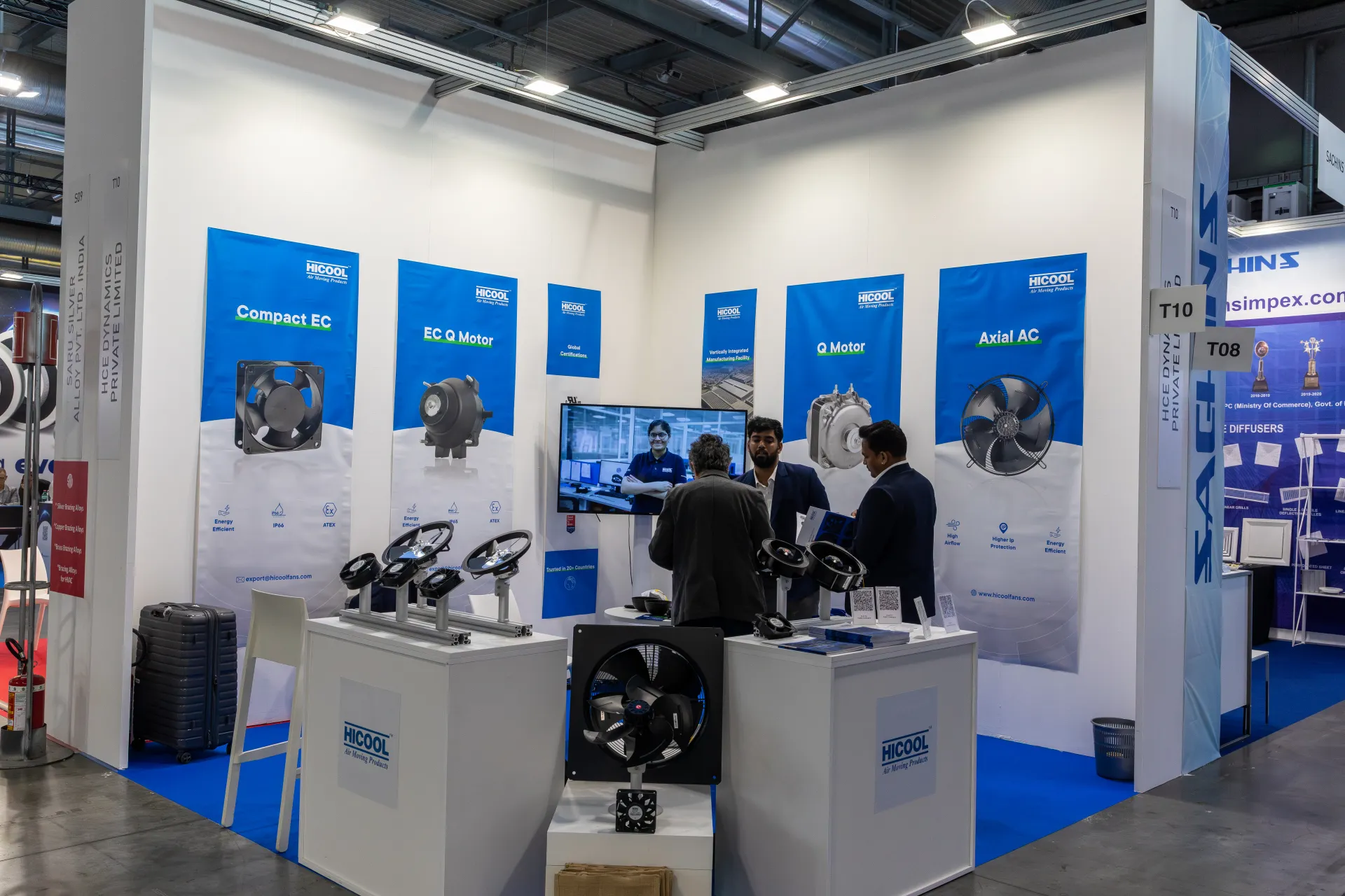 Hicool stand with Compact EC, Q Motor and Axial AC banners at MCE 2026