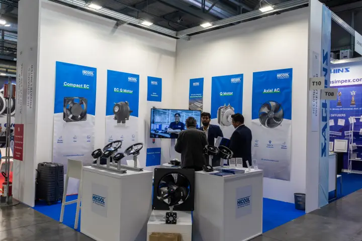Hicool stand with Compact EC, Q Motor and Axial AC banners