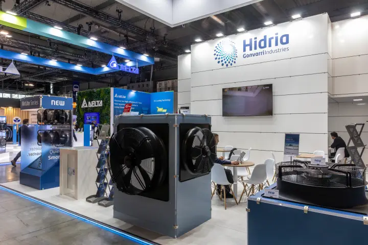 Hidria stand with large axial fan units and AirLite Series display at MCE 2026