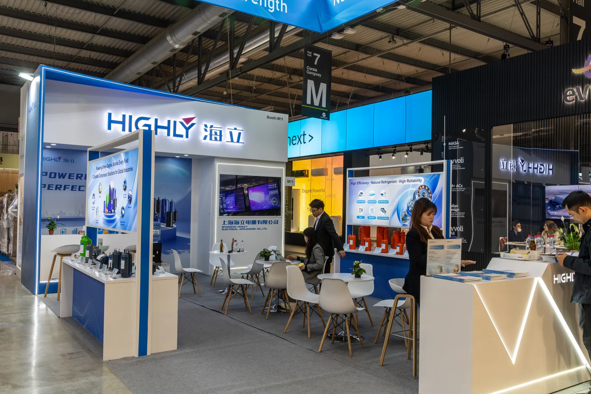 Highly stand presenting compressor solutions under an illuminated logo at MCE 2026