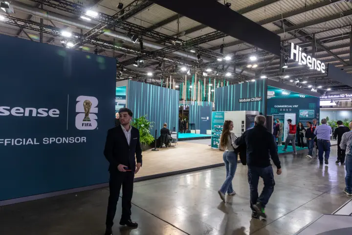 Hisense stand entrance with FIFA sponsor wall and Modular Chiller area at MCE 2026