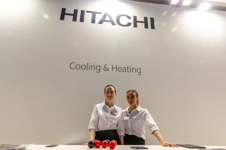 Hitachi Cooling & Heating wall behind the information counter at MCE 2026