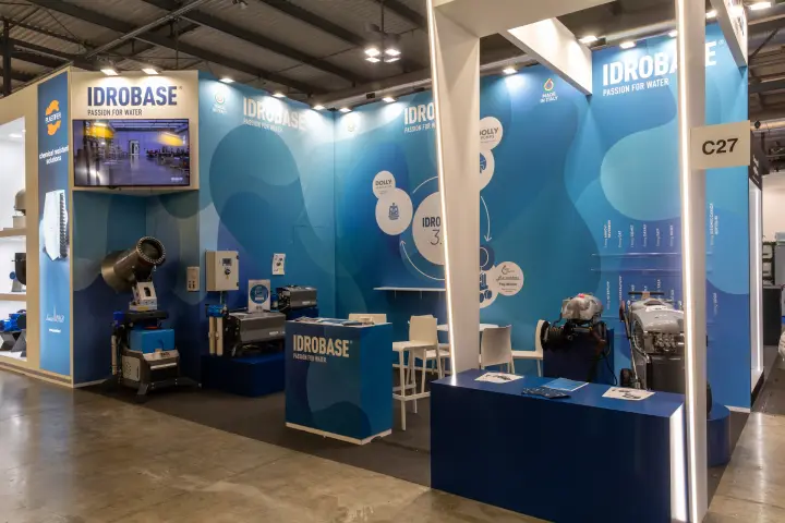 Idrobase stand with fog cannon and high-pressure pump units at MCE 2026
