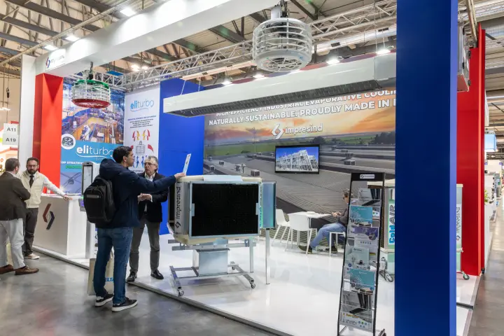 Impresind stand with evaporative cooler and Eliturbo destratifiers at MCE 2026