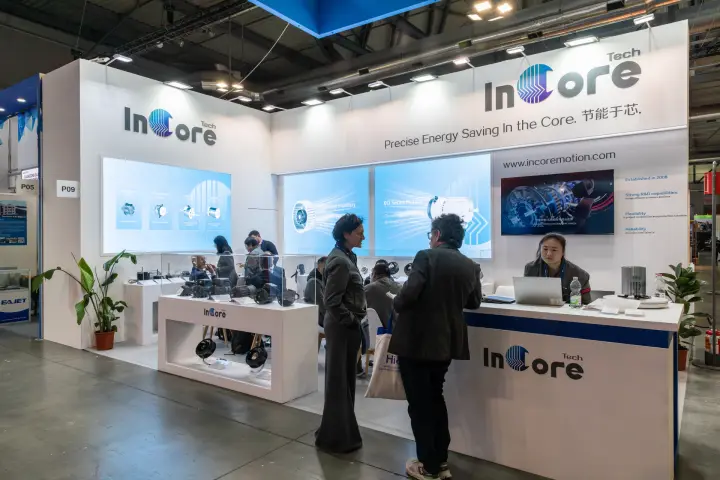 Incore Tech stand with motors and impellers in white display counters at MCE 2026