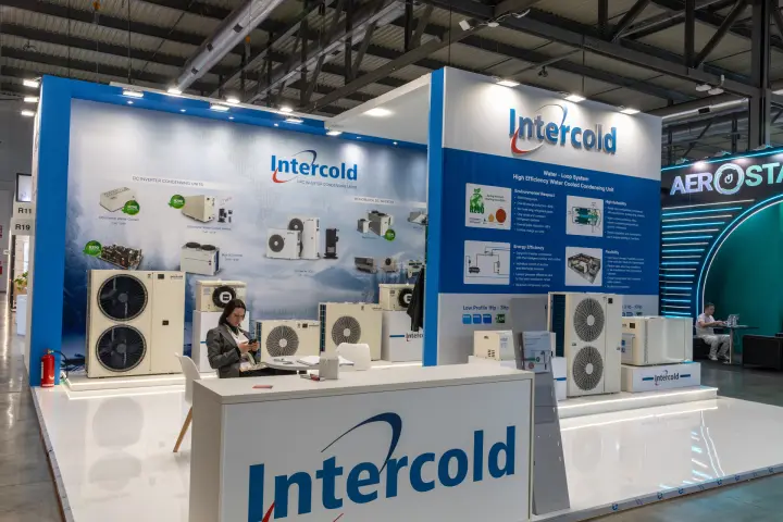 Intercold stand with R290 inverter condensing units on a white platform at MCE 2026