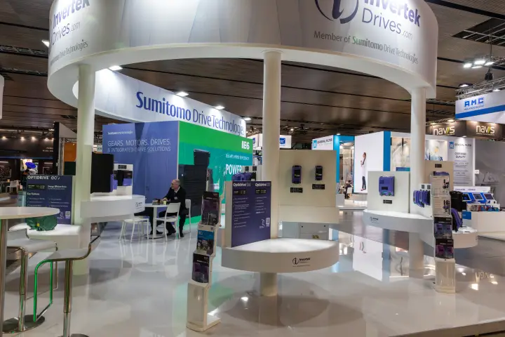 Invertek Drives stand with Optidrive E4 and E3 panels and IE6 screen at MCE 2026