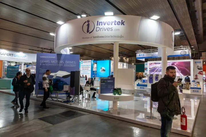 Invertek Drives stand with round canopy and Optidrive eco display at MCE 2026