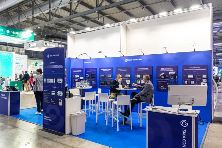 iSMA Controlli stand with Niagara controllers and energy valve panels at MCE 2026