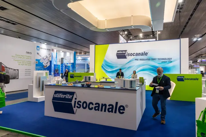 Isocanale counter with large logo and pre-insulated duct samples at MCE 2026