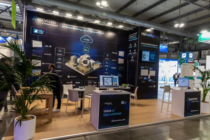 J2 Innovations stand presenting FIN Framework and FINintelligence for smart buildings at MCE 2026