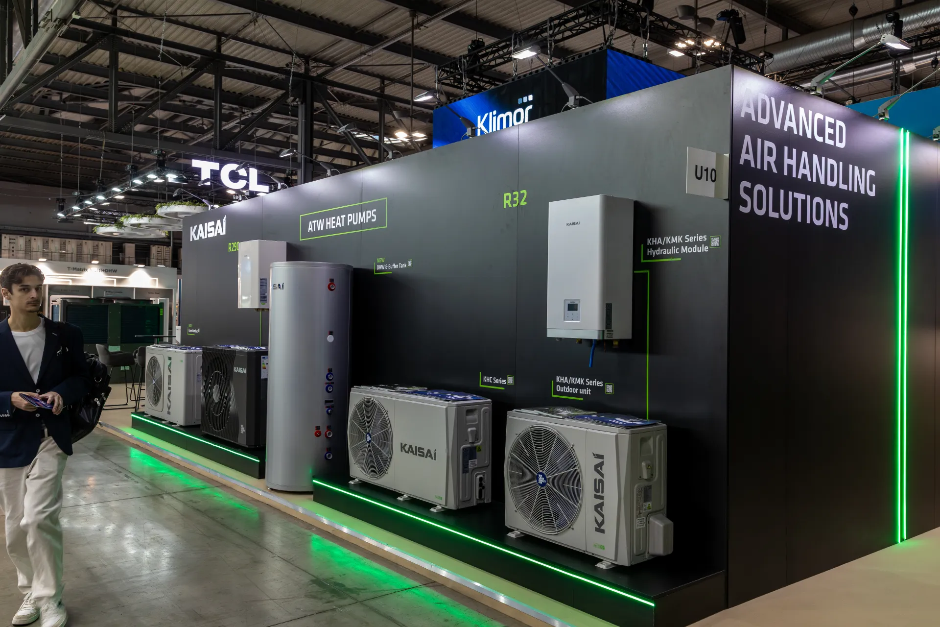 Kaisai ATW heat pump wall with R290 and R32 outdoor units at MCE 2026