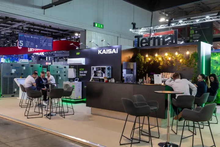 Kaisai stand café bar with hanging plants and Mini VRF display at MCE 2026