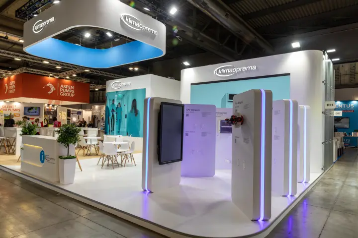 Klimaoprema corner with lit totems presenting CAV, smoke and fire dampers
