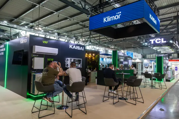 Klimor and Kaisai shared stand under a blue LED hanging banner at MCE 2026