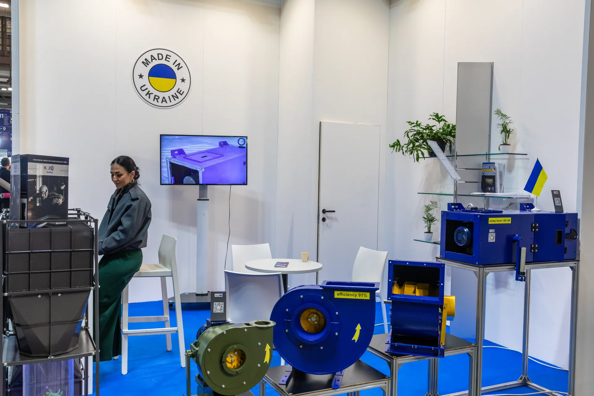 KVZO stand with blue centrifugal fans and a 'Made in Ukraine' emblem at MCE 2026