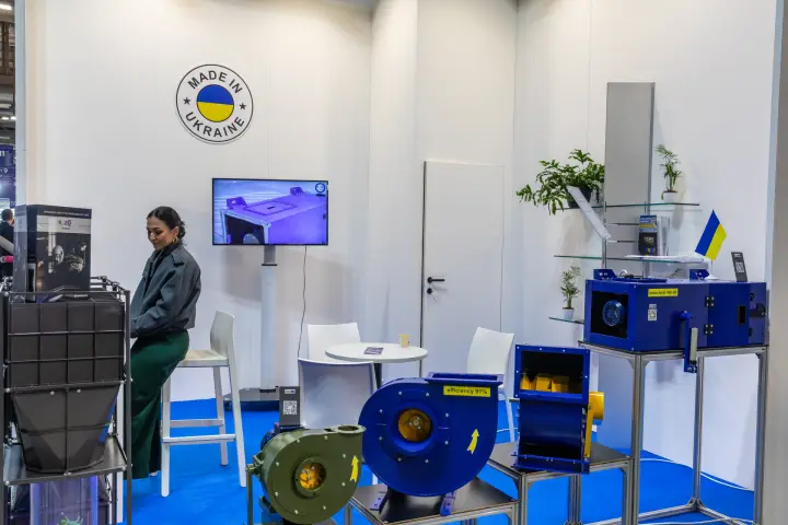 KVZO stand with blue centrifugal fans and a 'Made in Ukraine' emblem at MCE 2026