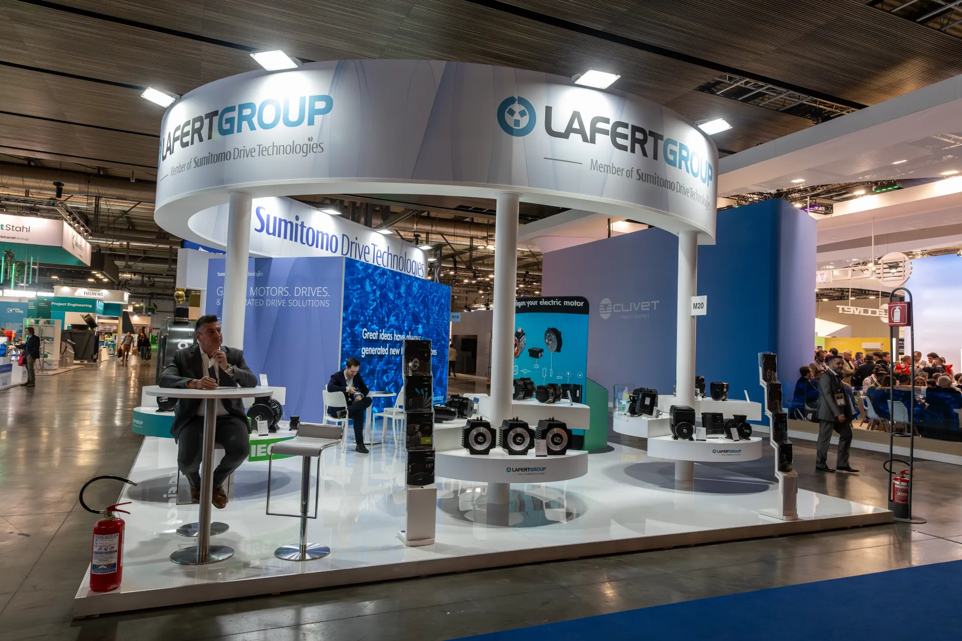Lafert Group stand with electric motors under a circular canopy at MCE 2026