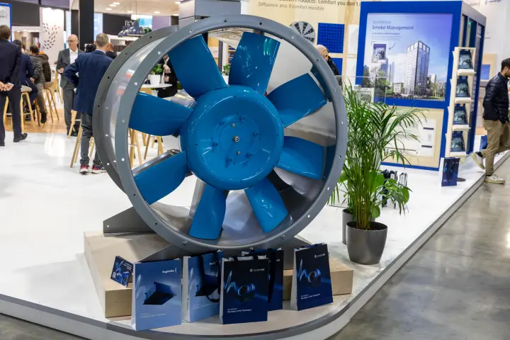 Large blue axial fan on display at the Systemair stand at MCE 2026