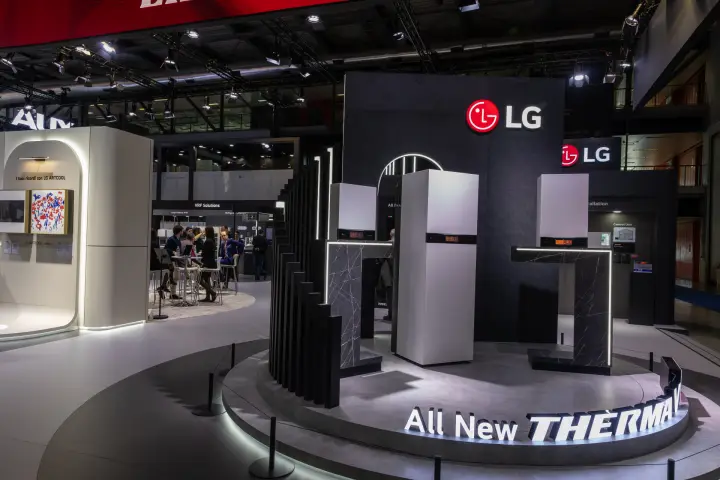 LG "All New Therma V" heat pump display on a round lit podium at MCE 2026