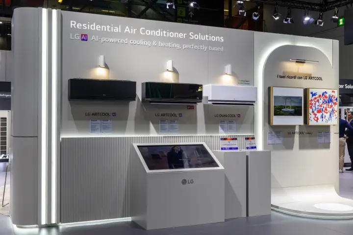 LG Artcool AI and Dualcool AI indoor units on a lit display wall at MCE 2026