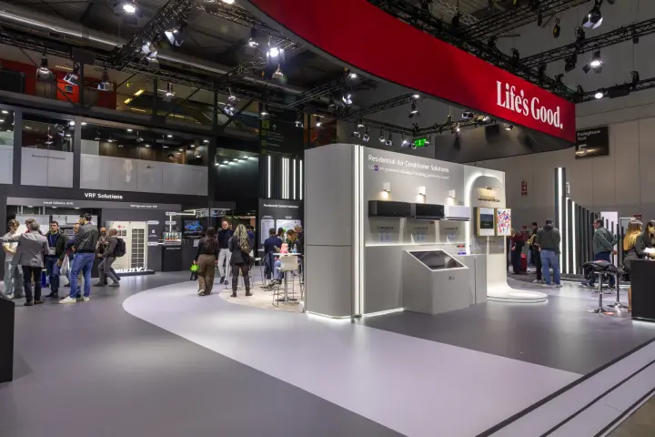 LG double-deck stand under the red 'Life's Good.' ring at MCE 2026