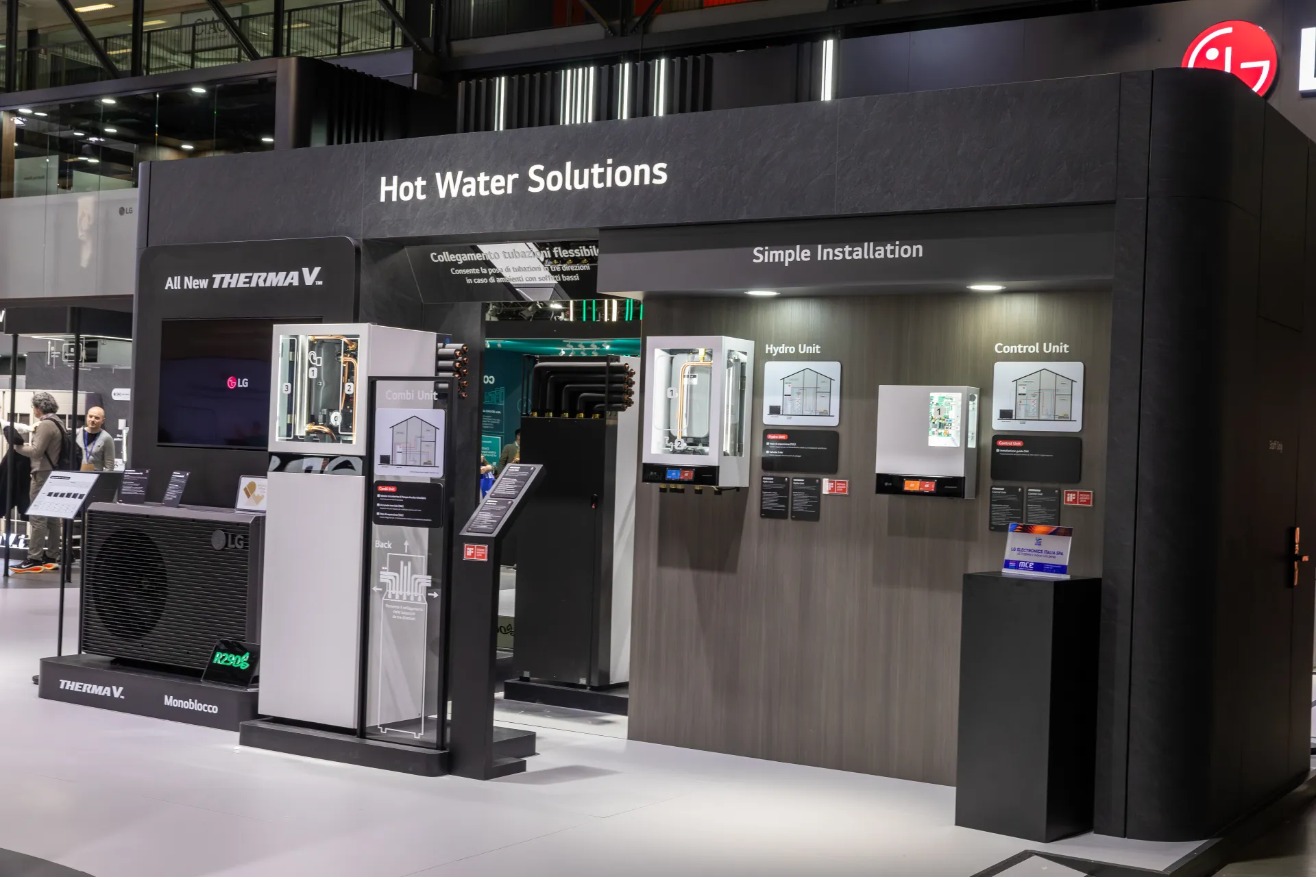 LG Hot Water Solutions wall with Therma V Monoblocco, combi and hydro units at MCE 2026