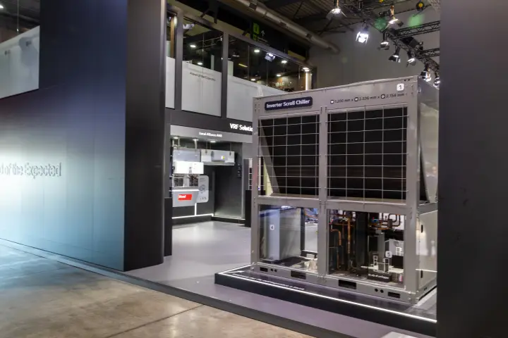 LG Inverter Scroll Chiller with open sides showing copper piping at MCE 2026