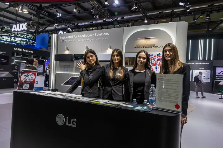LG reception counter with logo, Chiller Solutions and Control Solutions areas at MCE 2026