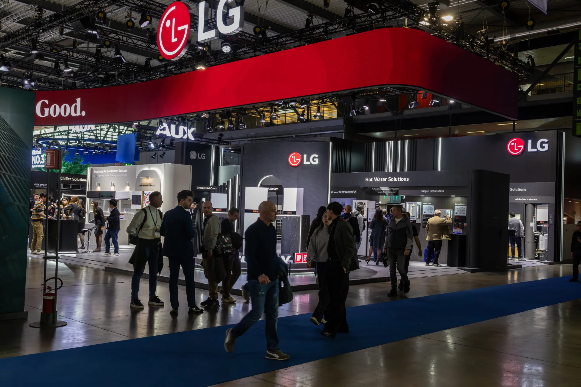 LG stand with red Life's Good LED band and Therma V zone at MCE 2026